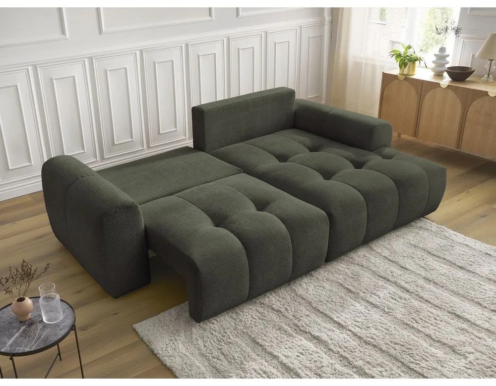 Khaki zsenília kinyitható-tárolóhelyes sarokkanapé (jobb oldali-heverő résszel) Roxelane – Bobochic Paris