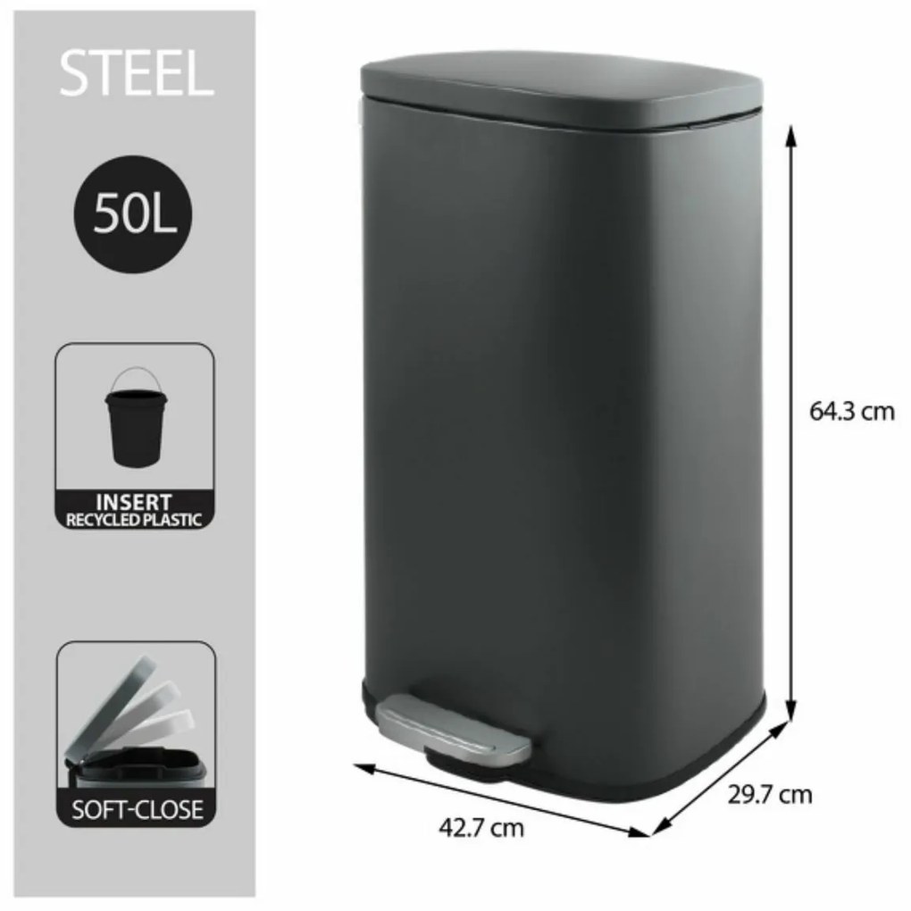 Spirella Pedálový odpadkový koš soft-close Akira50 l, matt grey, 50 l