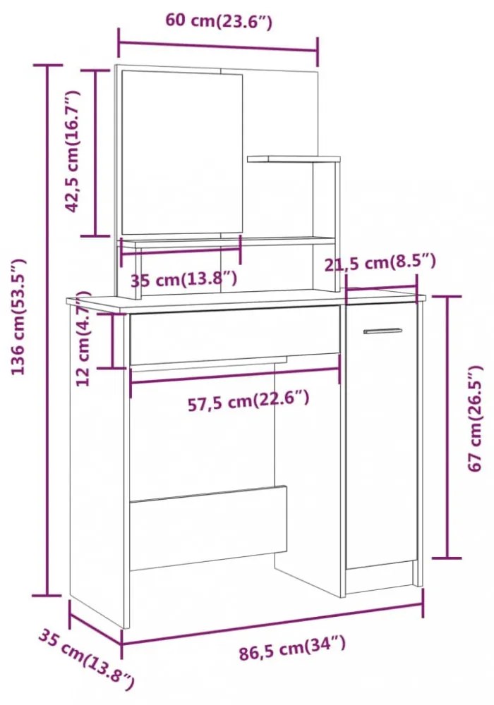 barna tölgy színű fésülködőasztal tükörrel 86,5 x 35 x 136 cm