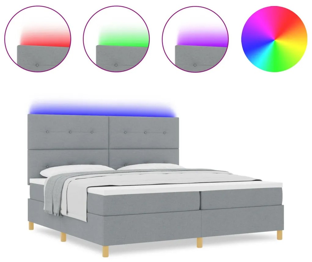 vidaXL Boxspring Ágy Mattal és LED Fénnyel Világosszürke 200x200 cm Szövet