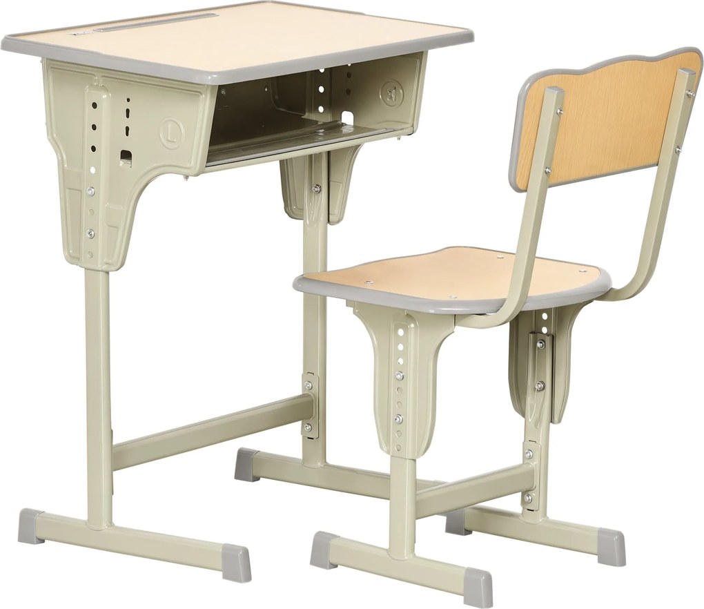 HOMCOM Gyermek Íróasztal és Szék Készlet 6 Éves Kor Felett Magasságban Állítható Gyermek Íróasztal Fiókkal és Akasztóval - Természetes | Aosom
