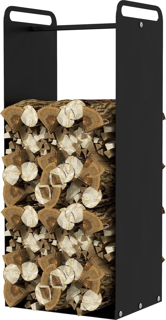 Outsunny Tűzifa Tartó 37 x 30 x 90 cm Tűzifa Tároló Fogantyúkkal, Kültéri és Beltéri Használatra, 30 kg-ig, Acél, Fekete | Aosom