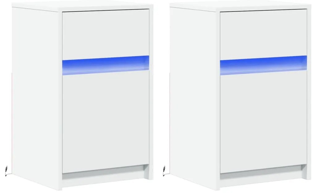 2 db fehér szerelt fa éjjeliszekrény LED-fényekkel