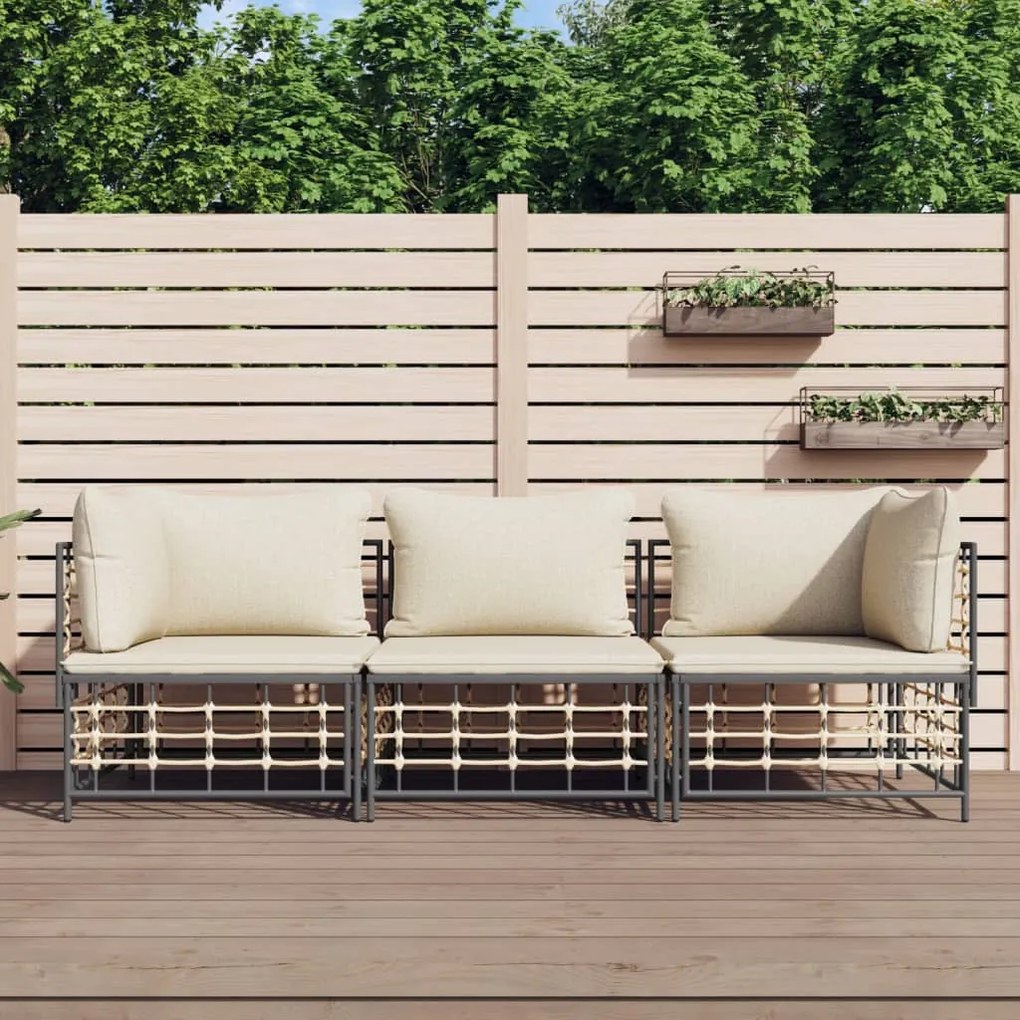 3 részes antracitszürke polyrattan kerti ülőgarnitúra párnákkal