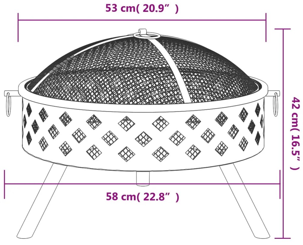 acél XXL méretű tűztál piszkavassal 58 cm