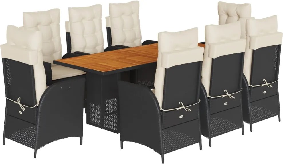vidaXL 9 részes fekete polyrattan kerti étkezőgarnitúra párnákkal