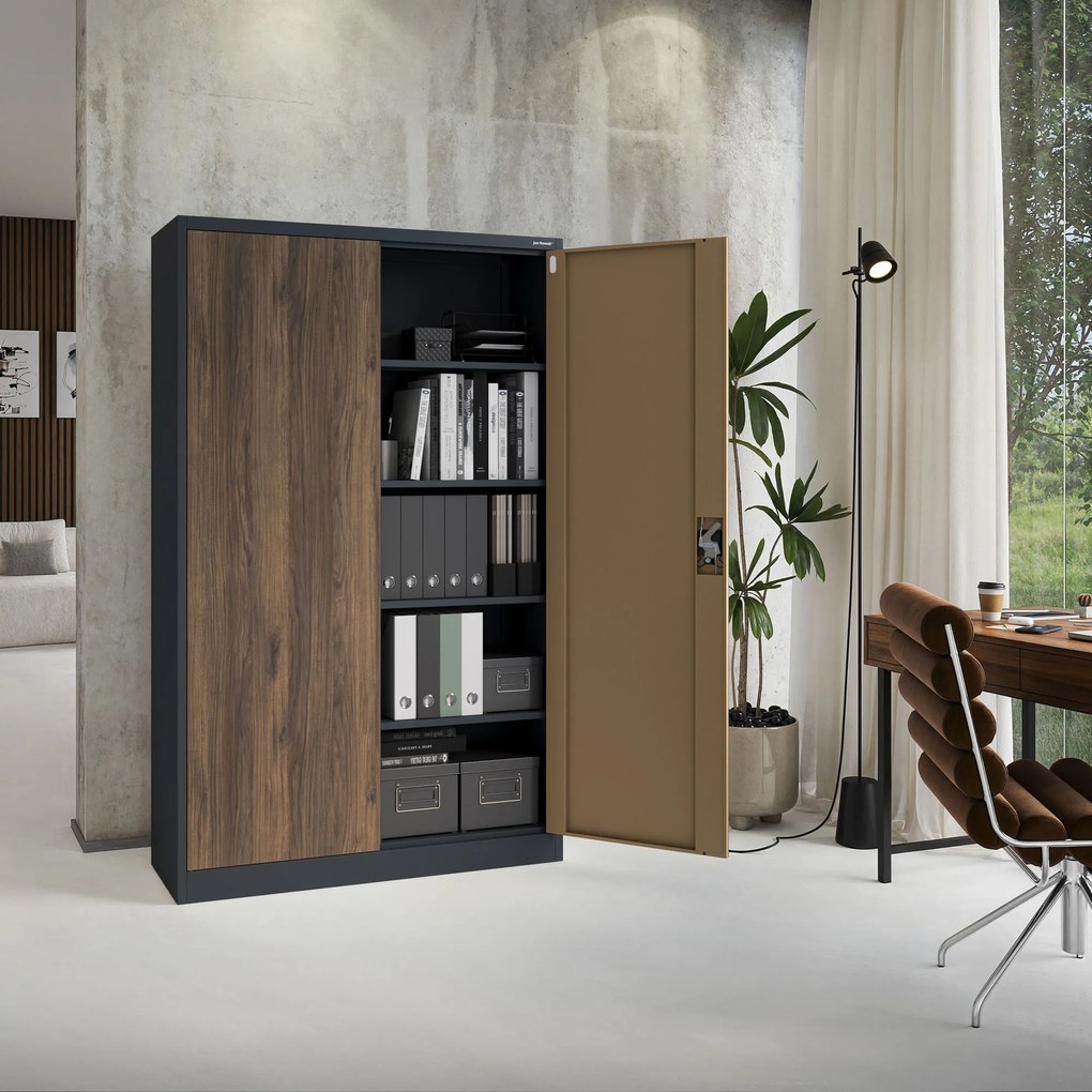 Fém irodai iratszekrény, széles, antracit/dió, 1150x1850x400 mm: JAN II Eco Design