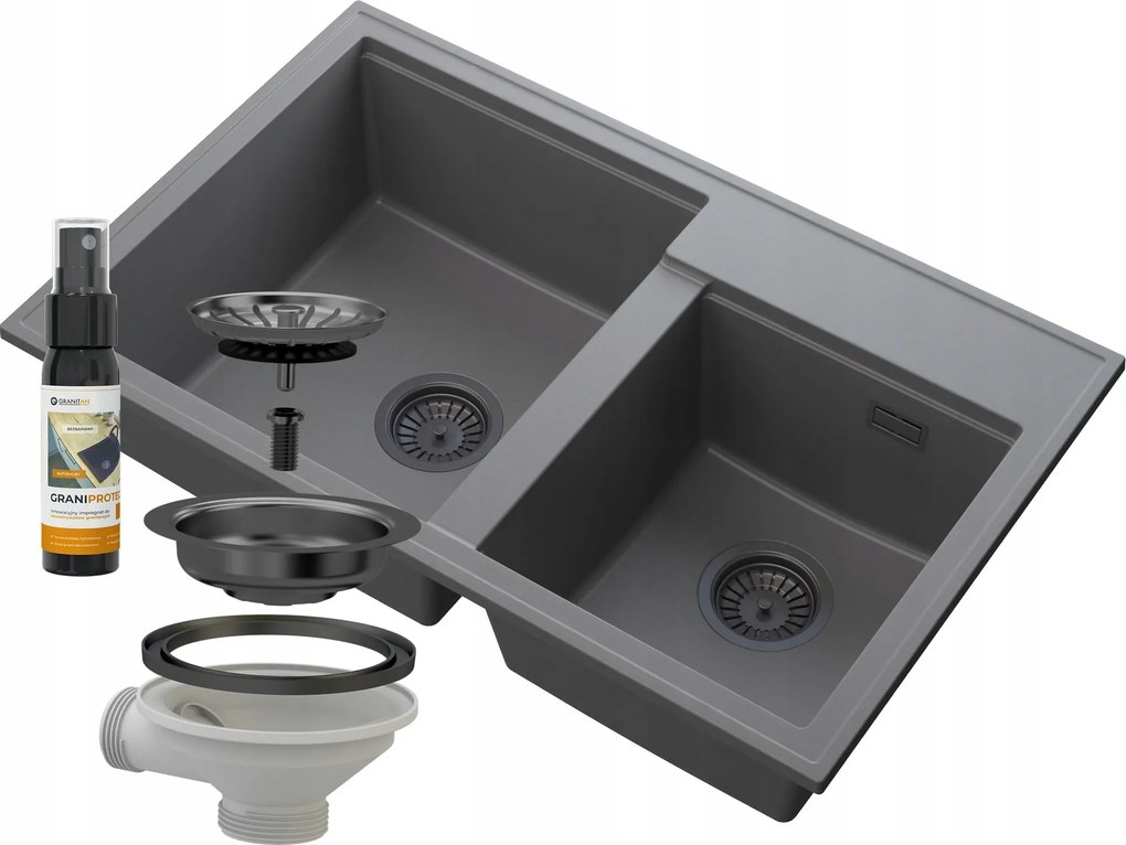 Gránit Mosogató 2REKESZES Szürke Szifon Fekete Hektor