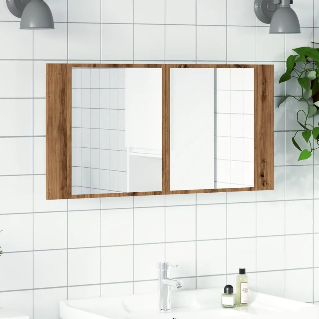 kézműves tölgy szerelt fa tükrösszekrény LED-del 90x12x45 cm