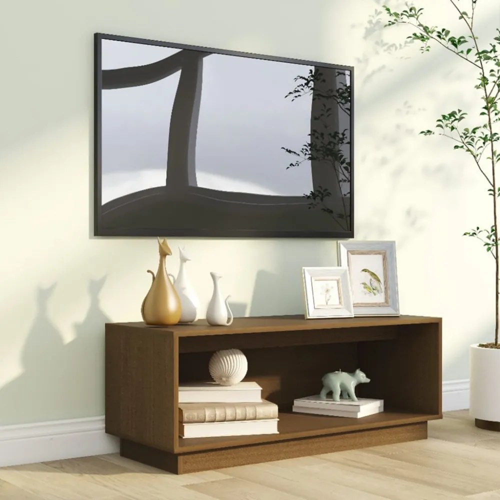 mézbarna tömör fenyőfa TV-szekrény 90x35x35 cm