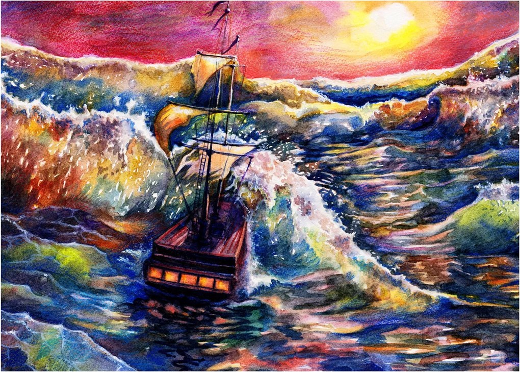 Kép - Hajó az óceán hullámain, aquarel (70x50 cm)