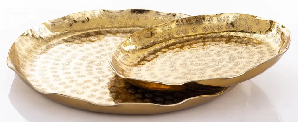 Loyd design keleties rusztikus kerek arany 2db-os fém tálca szett fodros szélű 3x38x38 / 3x29x29cm