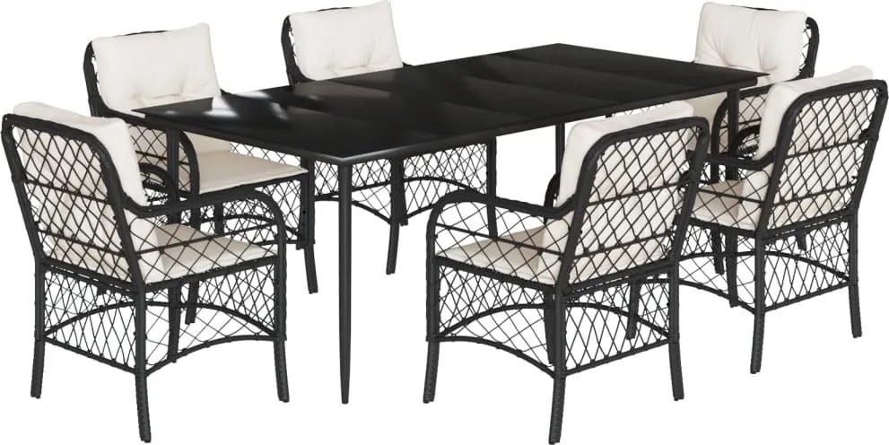 vidaXL 7 részes fekete polyrattan kerti étkezőgarnitúra párnával