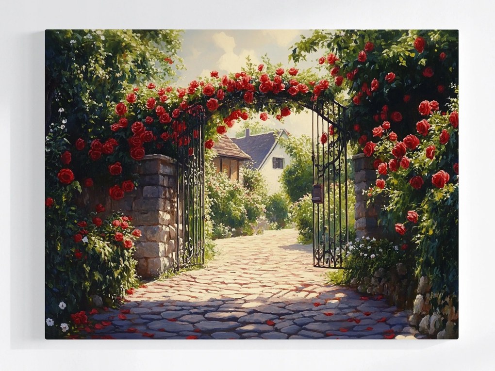 Poszter Kapu Vörös Rózsák Vidéki Kert Ház Természet 80x60