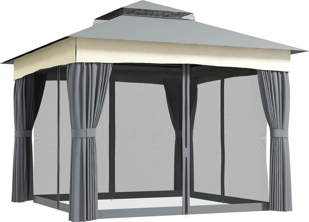 Outsunny Pavilon Dupla Tetővel, 3x3 m Vízálló Stabil Télen is Használható Kert Pavilon Moszkitó Hálóval és Oldalsó Panelek, Fém Kert Pavilon Kerthez é
