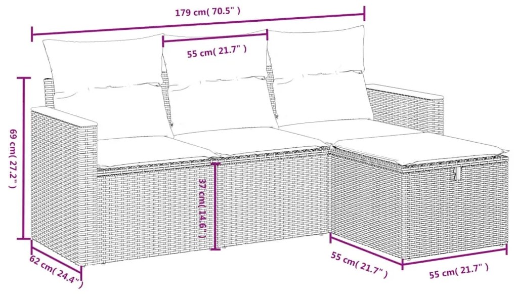 4 részes fekete polyrattan kerti ülőgarnitúra párnákkal