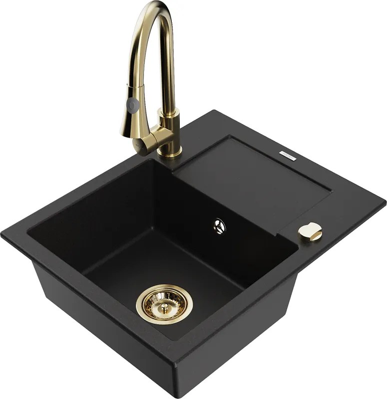 Mexen Enzo 1 rekeszes gránit mosogató csepegtetővel és Elia konyhai csapteleppel, fekete - 6506-77-670101-50