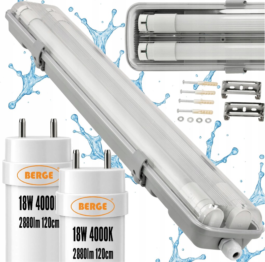 Hermetikus lámpatest 120cm 36W 5760lm 4000K+ 2x Led fénycső Vízálló