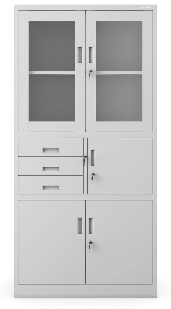 Fém iratszekrény széffel, vitrinnel és fiókokkal FILIP, 900 x 1850 x 400 mm, szürke