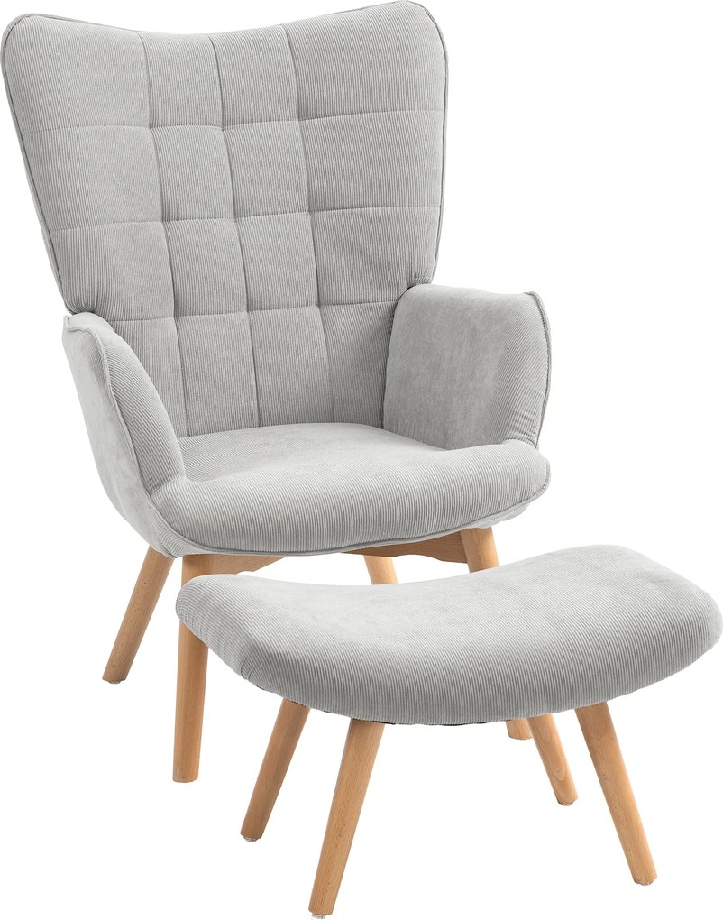 HOMCOM Fotel Ottoman-nal, Magas Hátú Szárnyas Fotel, Fa Lába, Kárpitozott Lounge Fotel, Bordás Hatás, Nappaliba, Szürke | Aosom