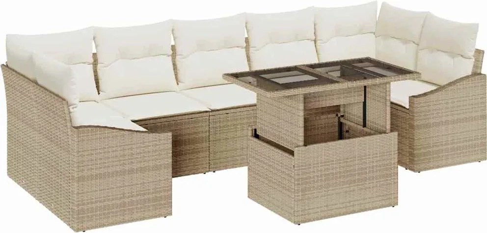 vidaXL Kerti Kanapé Szett párnával tárolóval 8 pcs Bézs polirattan
