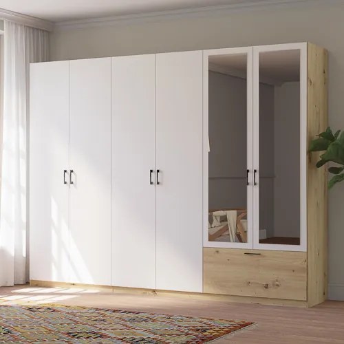 ALTA Óriás Gardróbszekrény Tölgy/Matt Fehér Színben, Tükörrel. 270 cm