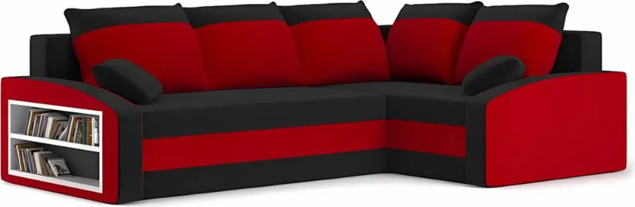 Grande sarokkanapé polcokkal , polc a bal karfaban, jobboldali, szövet anyag, hab töltet, fekete - piros