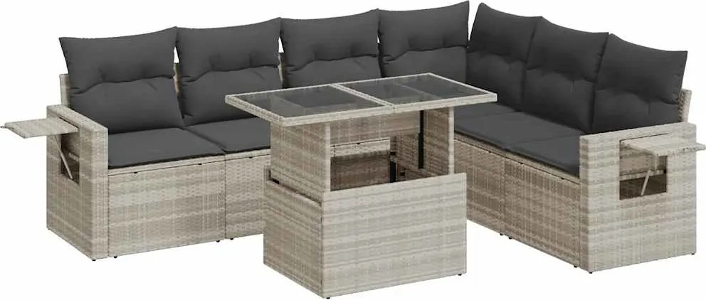 vidaXL 7 részes világosszürke polyrattan kerti ülőgarnitúra párnákkal