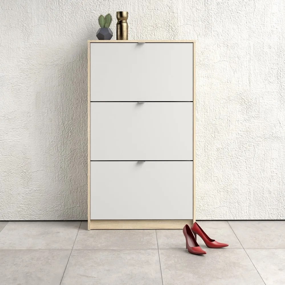 Fehér-natúr színű billenő ajtós cipőtartó tölgyfa dekorral Shoes – Tvilum