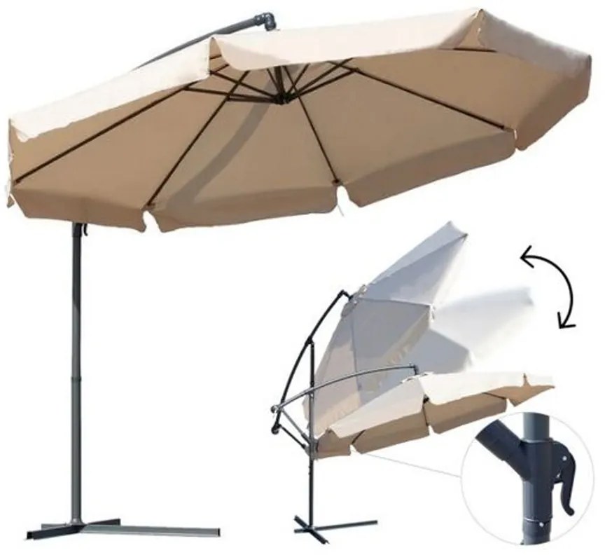 Függő Gémes Kitekerhető Napernyő Talppal, 3,5 m, beige, takaróponyvával, 8 db acél merevítőbordával, 180 g/m2