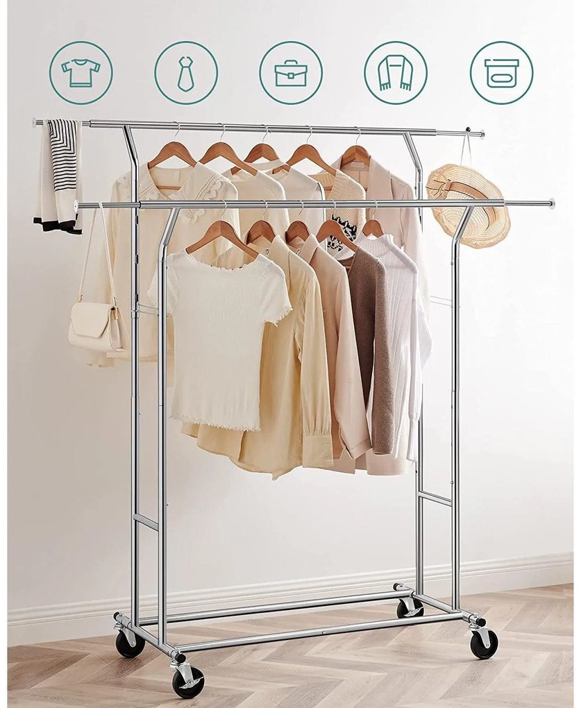 Gurulós ruhaállvány 110kg teherbírással, króm 129-169 cm között állítható