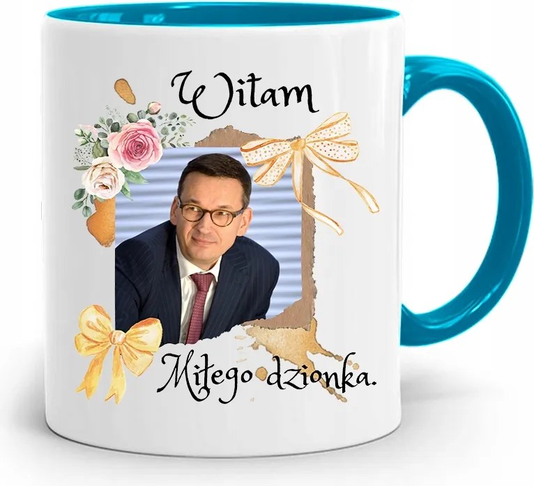 Kék Politikus Bögre Mateusz Morawiecki Miniszterelnök fényképes nyomtatással
