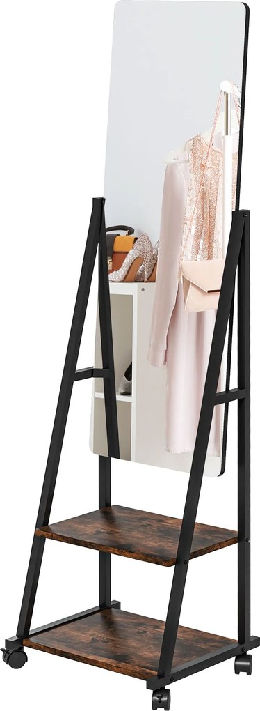 HOMCOM Négyzetes Álló Tükör Teljes Magasságú Görgős Tükör Állítható Szög 2 Polccal és 4 Kerekekkel - méret: 42L x 37W x 155H cm - fekete és rusztikus
