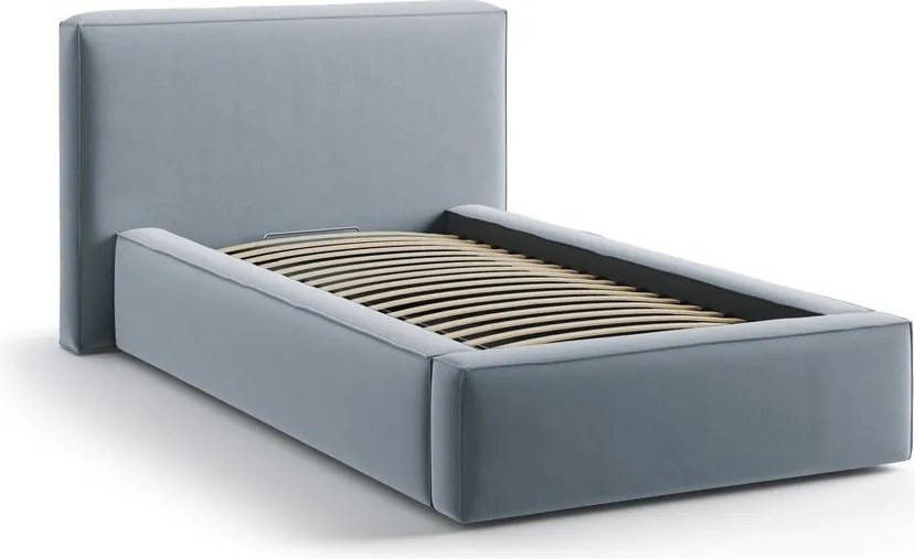 Világoskék kárpitozott ágyneműtartós egyszemélyes ágy ágyráccsal 90x200 cm Jodie – Micadoni