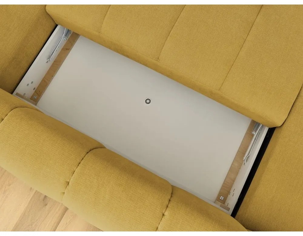 Mustársárga kinyitható-tárolóhelyes sarokkanapé (jobb oldali-U alakú) Fuji – Bobochic Paris