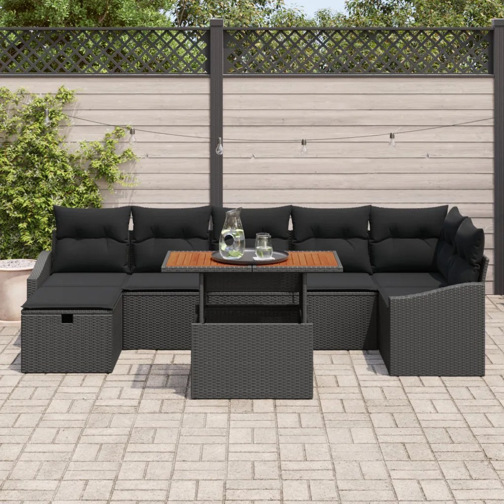 8 Részes Kerti Kanapészett Párnákkal Fekete Poly Rattan