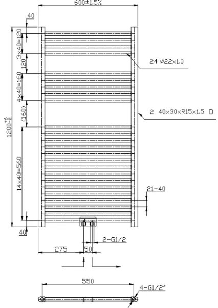 Novaservis - Fürdőszobai törölközőszárító radiátor 644W/230V 120x60 cm fekete, egyenes