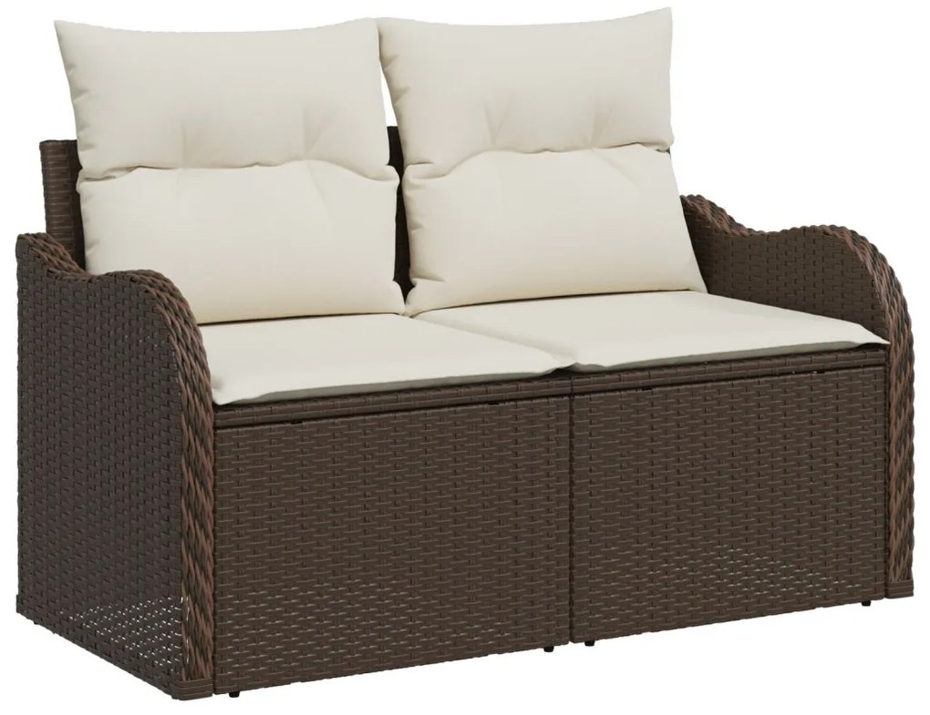 5 darabos kerti sofa garnitúra párnákkal, barna poli rattan, 2 fős kerti sofa tárolóval és párnákkal, barna poli rattan