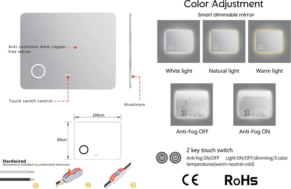 Erga Myra, LED tükör 100x80 cm kozmetikai tükörrel, 3x nagyítás, 4114 lm, 3 fényszín, háttérvilágítás, ERG-V01-MYRA-1080-00