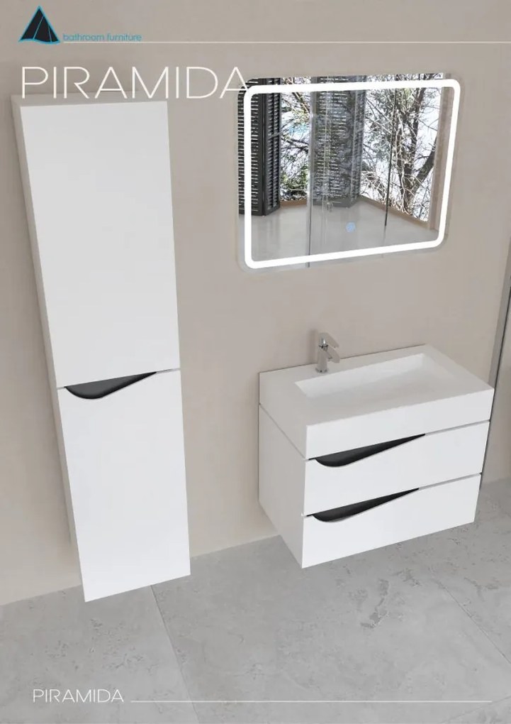 Piramida EURIDIKA fali fürdőszobabútor - műmárvány mosdóval -2 fiókos - ALPINFEHÉR-FEKETE - 70 x 41 x 56 cm