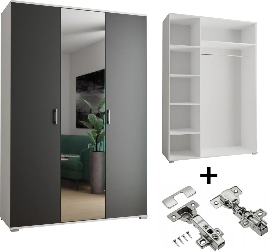 Gardróbszekrény Akció 3-D 120 x 192 x 51 cm Fehér Fekete Tükör Csendes Ház