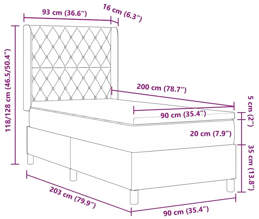 Boxrugós ágy fejtámlával Sötétszürke 90 x 200 cm Bársony