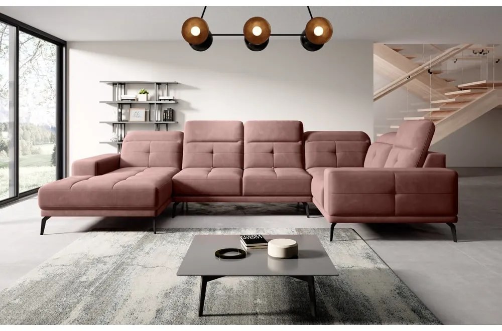 Rózsaszín bársony sarokkanapé (jobb oldali-U alakú) Neviro – ELTAP