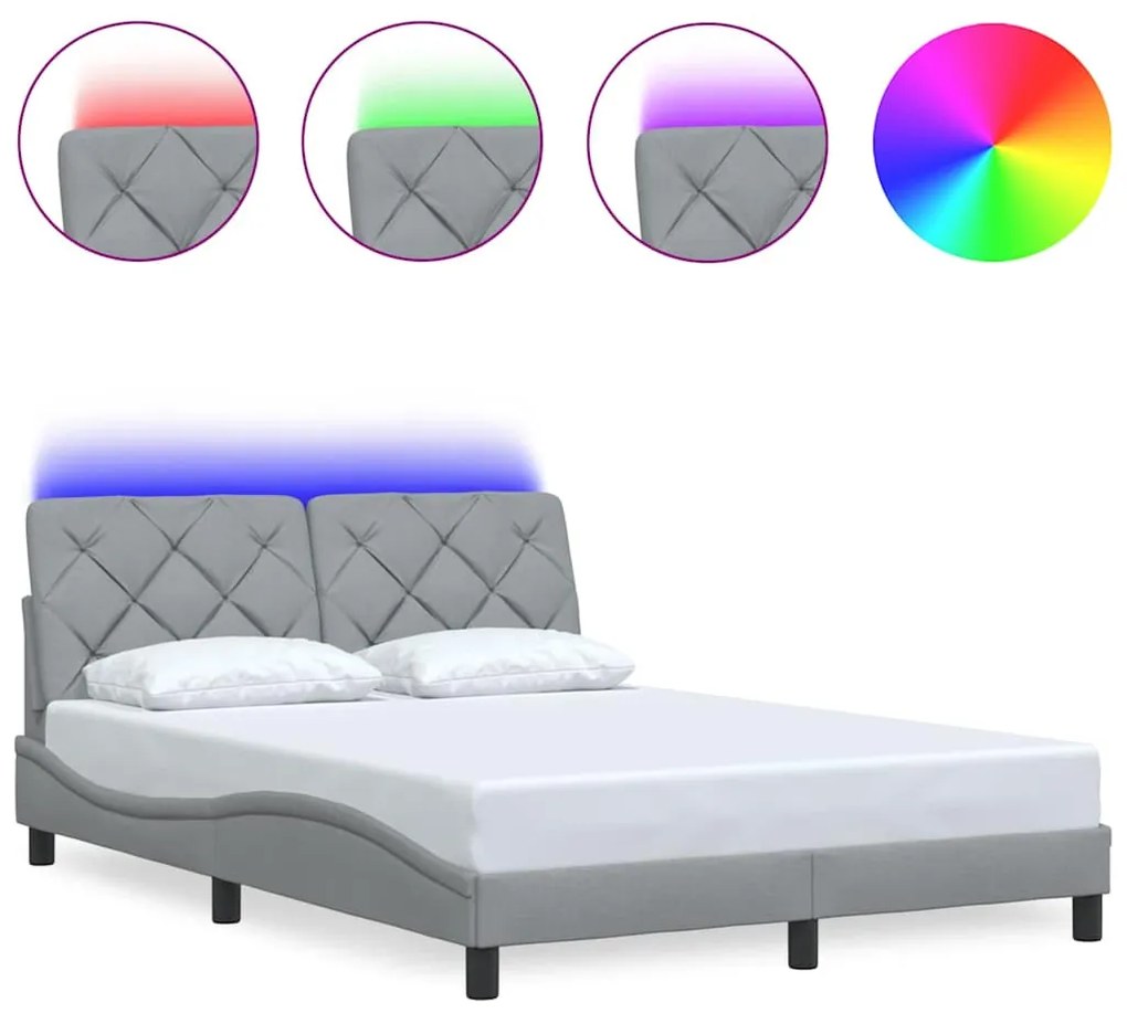 világosszürke szövet ágykeret LED-ekkel matrac nélkül 120x200cm