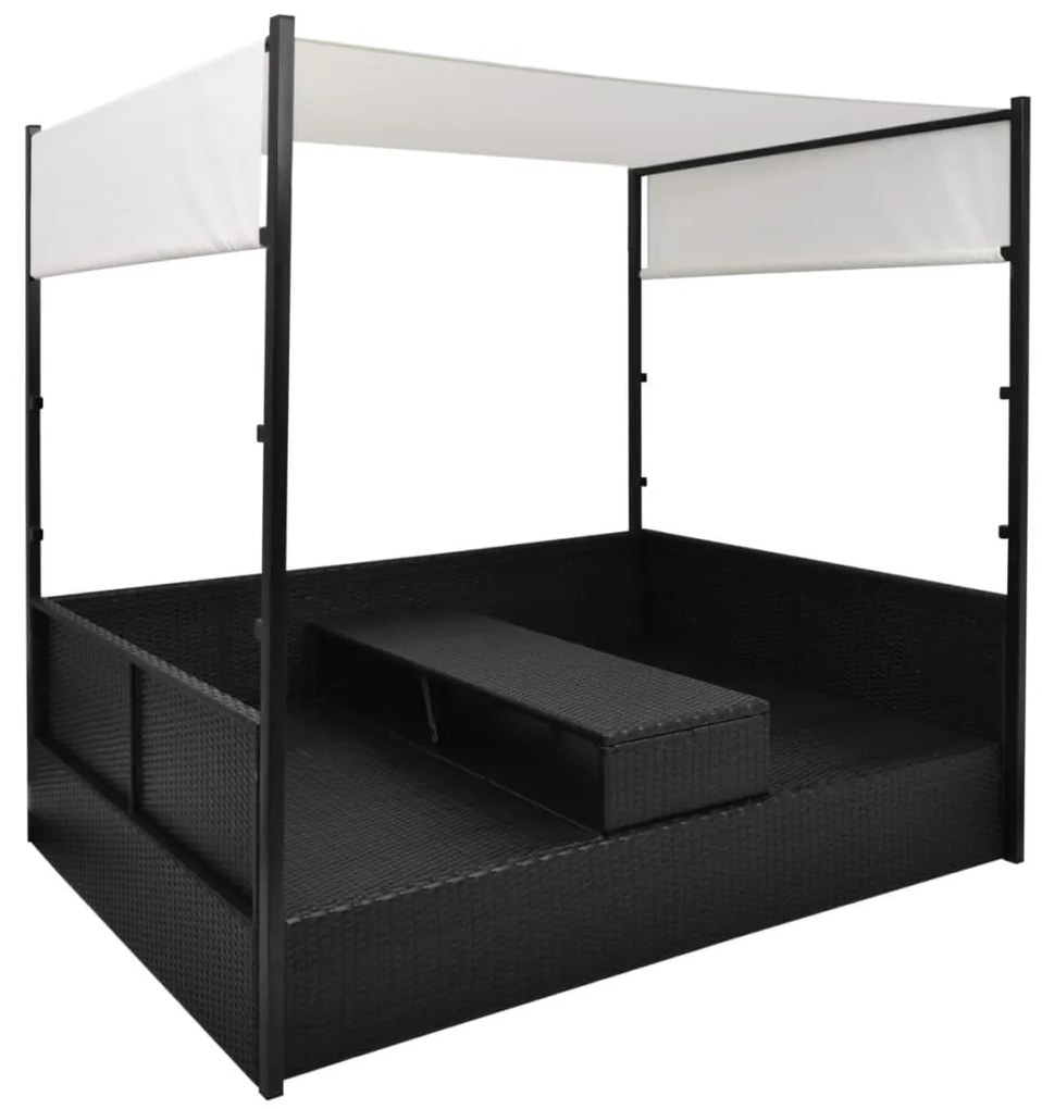 Fekete polyrattan napellenzős kerti ágy 190 x 130 cm
