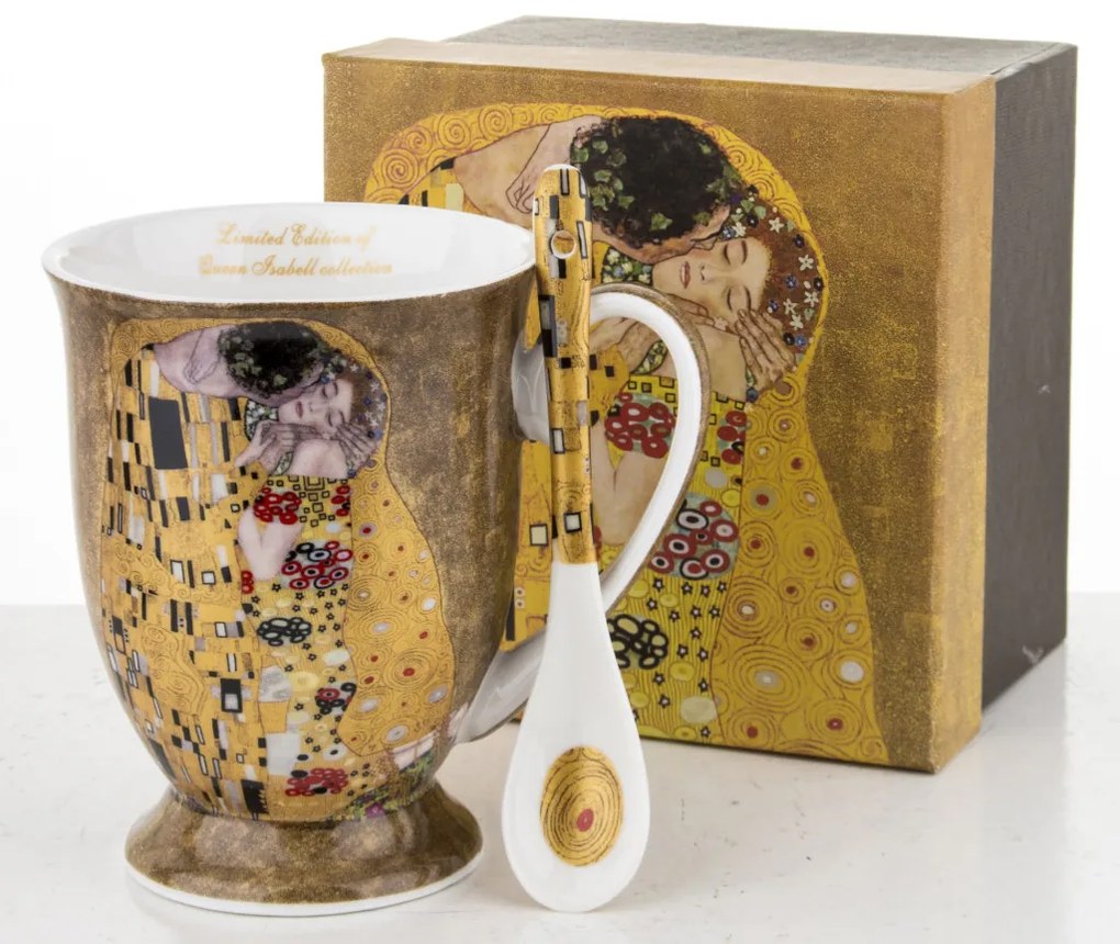 Bögre kanállal, porcelán, többszínű, 10,5x11,5x8,5, kanál, 12,5 cm Klimt: A csók