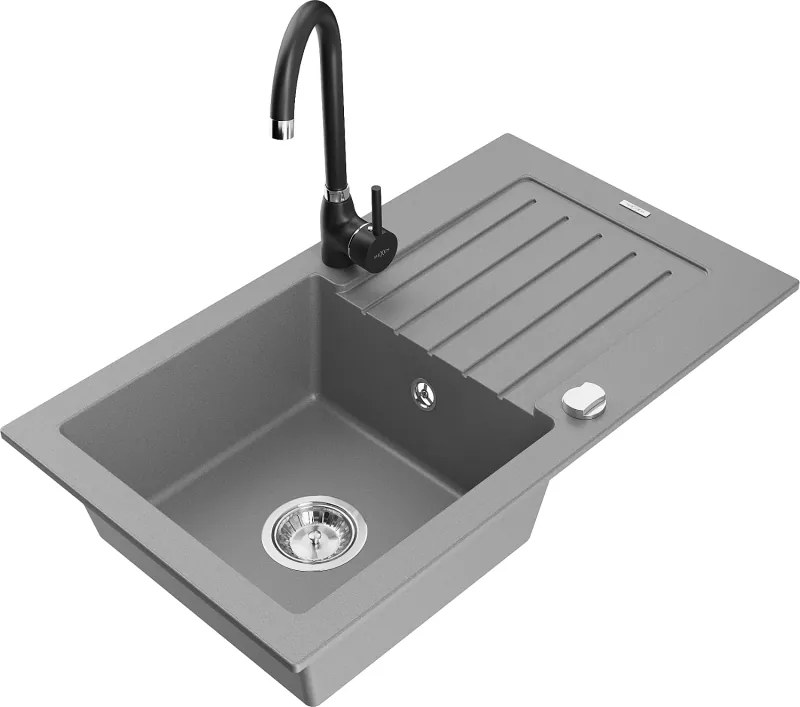Mexen Pablo egymedencés gránit mosogató csepegtetővel és Telma konyhai csapteleppel, szürke - 6510-71-670200-70