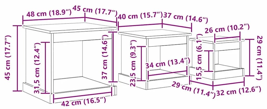 vidaXL Dohányzóasztal 3 pcs Öreg fa Faanyag