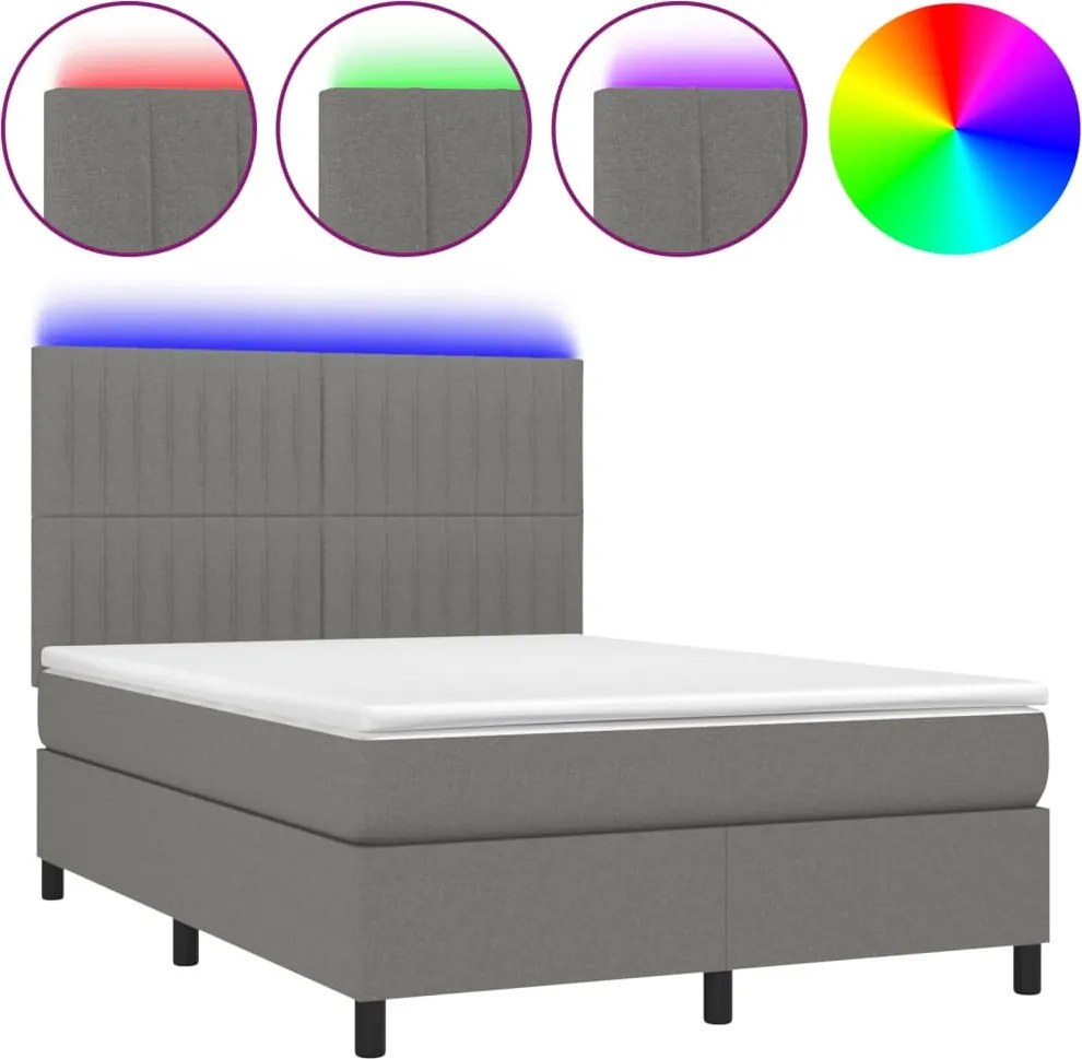 vidaXL sötétszürke szövet rugós és LED-es ágy matraccal 140x200 cm