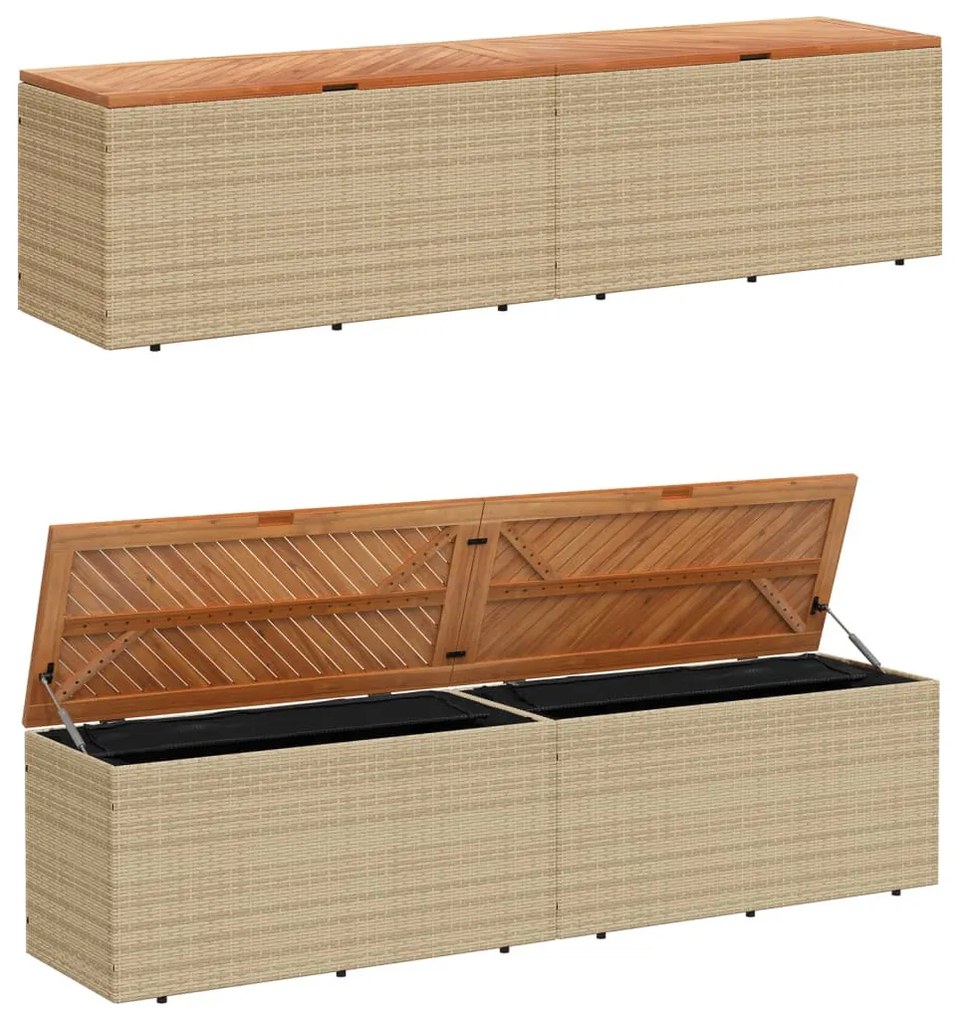 bézs polyrattan és akácfa kerti tárolóláda 220 x 50 x 54 cm